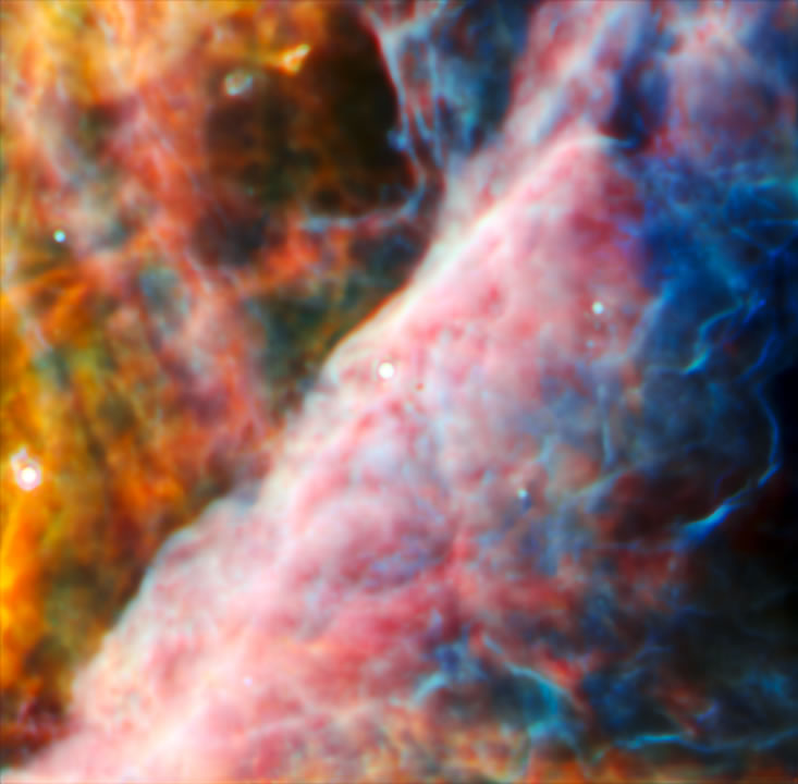 Imagen del MIRI (Instrumento de infrarrojo medio) de Webb muestra una pequeña región de la Nebulosa de Orión