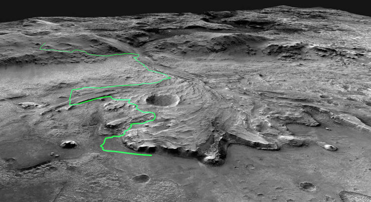 Posible ruta que el rover Perseverance podría tomar a través del cráter Jezero