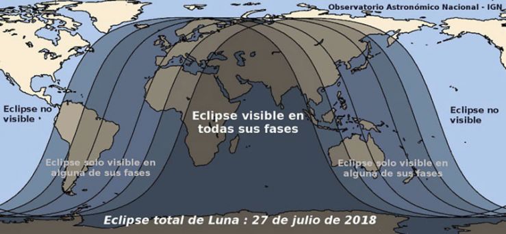 Mapa de los lugares donde se podrá observar el eclipse lunar.