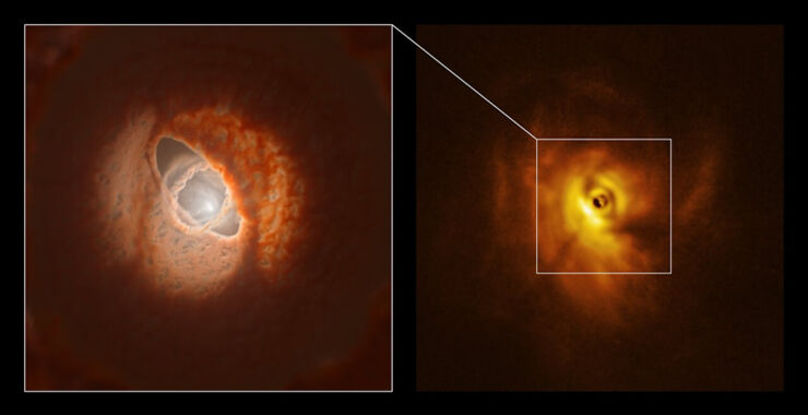 Observan Discos de Formación Planetaria Destrozados por sus Tres Estrellas Centrales