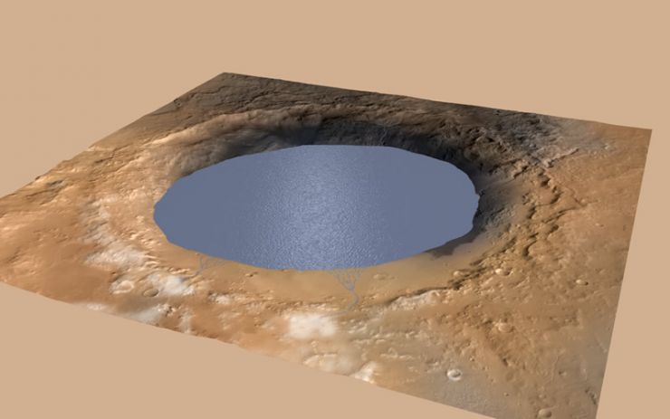 Un lago de agua lleno parcialmente el Cráter Gale de Marte