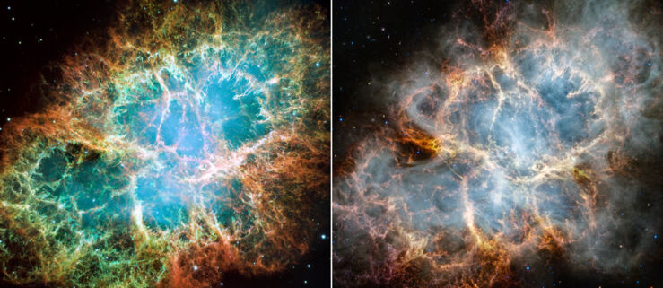 La Nebulosa del Cangrejo vista por el Hubble (izquierda) y Webb (derecha)