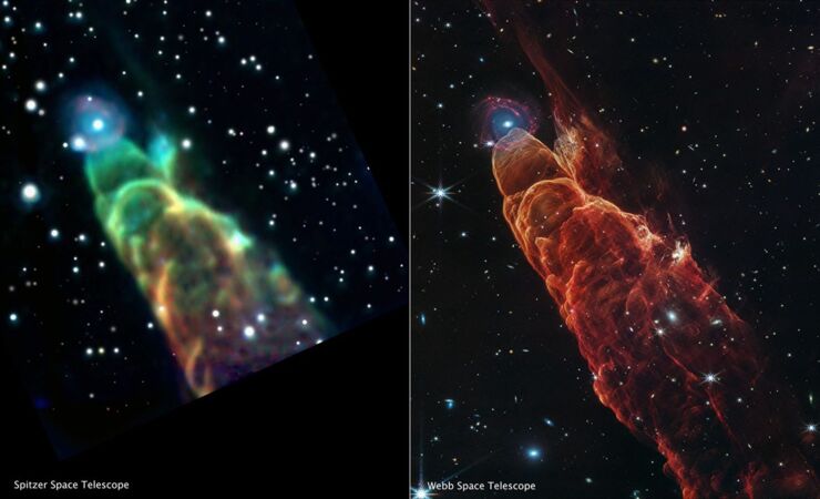 Comparativa de HH 49/50 de Spitzer y Webb