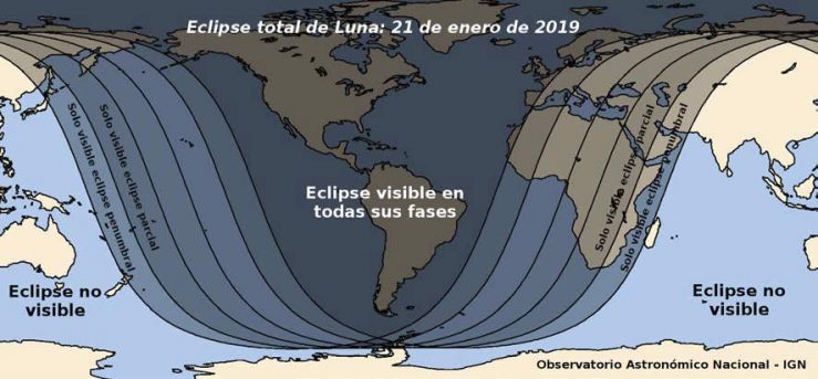 Mapa de visibilidad del eclipse lunar del 21 de Enero de 2019