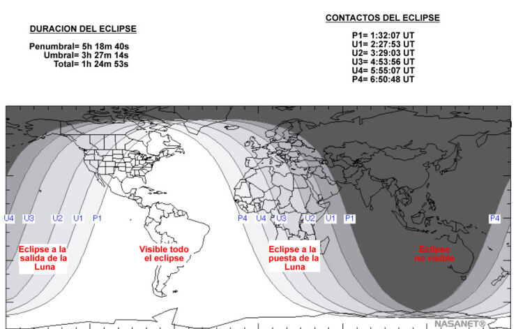 Mapa de los lugares donde se podrá observar el eclipse lunar.