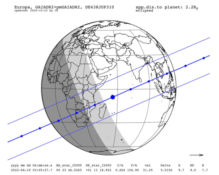 Mapa que muestra los lugares de la Tierra desde los que se podrá observar la ocultación de una estrella por la luna Europa. 